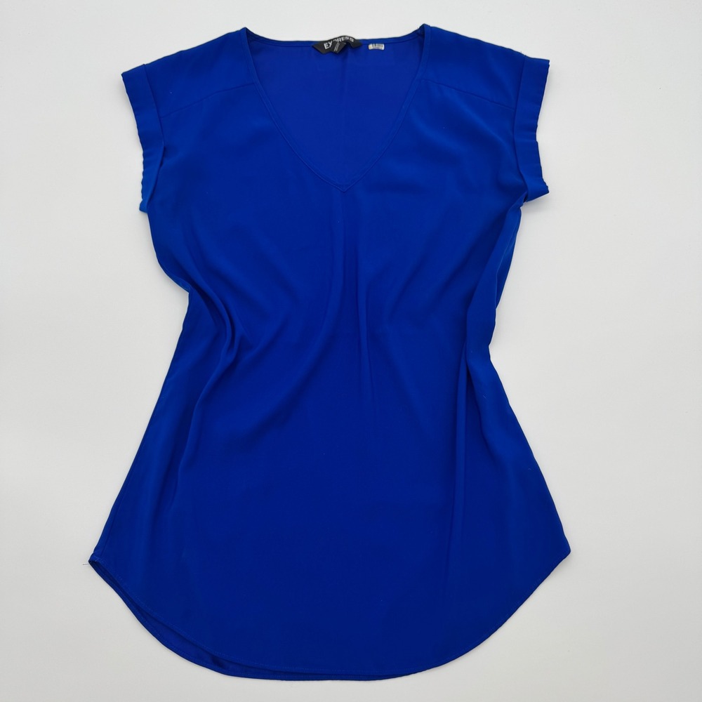 Express Womens Cobalt Blue V-Neck Short Sleeve Cuffed Blouse Top XS